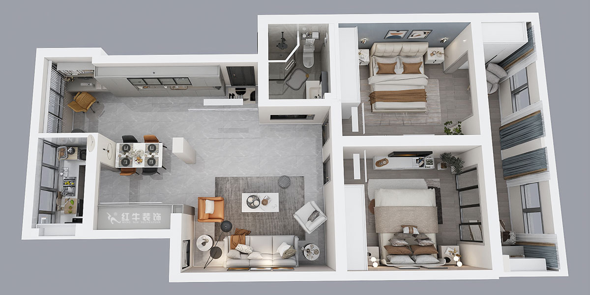 孟宪涛｜估衣廊18-3-305-100㎡-简约风格｜3室2厅1卫｜老房装修｜定制家｜全包14万｜00_04鸟瞰图